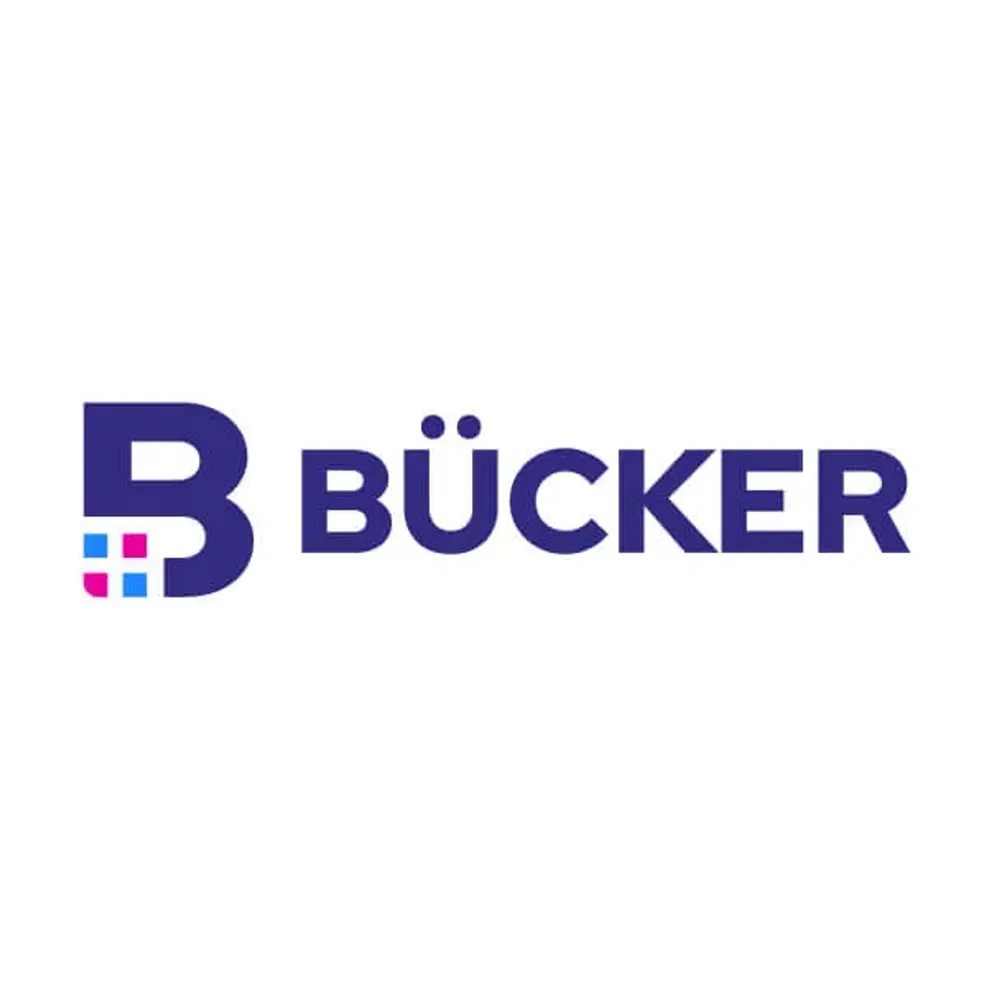 The horizontal version: the mark on the left, the BÜCKER wordmark to its right, on white