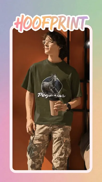 Story clip: a wearer in an olive green shirt with the portrait “Pegasus”