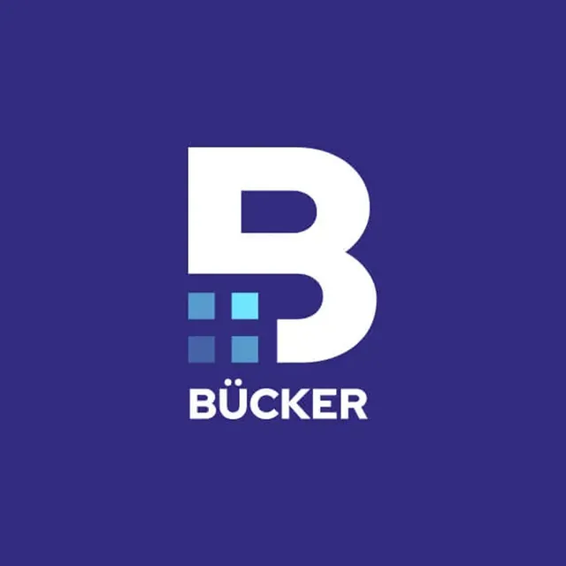 Logo draft: a solid white B with blue squares in the cut-out