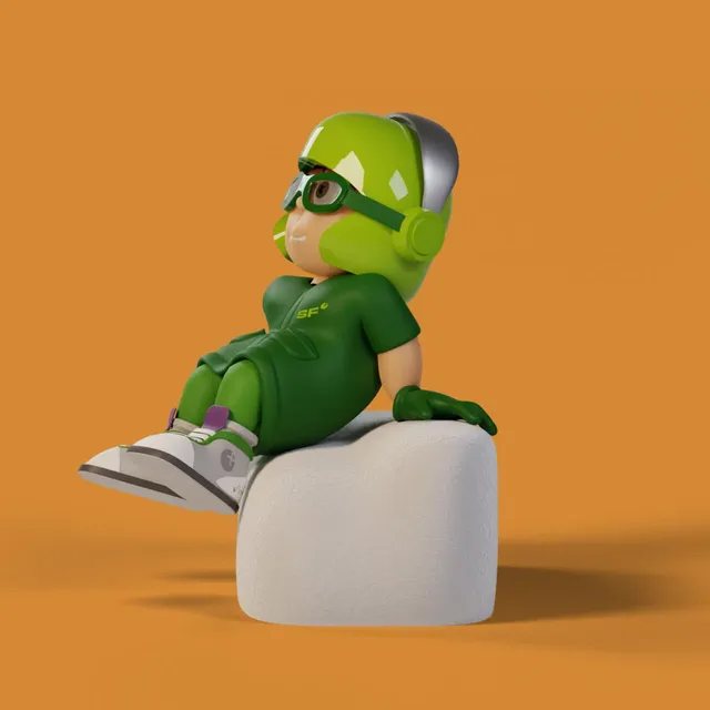 Mio sits on a white cube and looks up, on orange