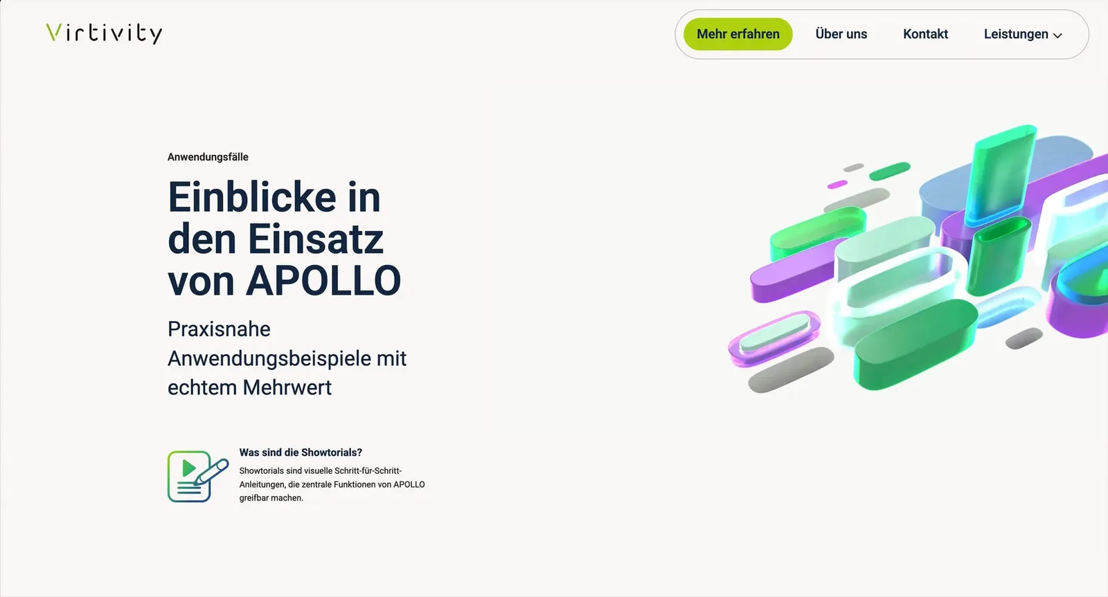 Page “Insights into using APOLLO” with floating 3D shapes and the explanation of showtorials