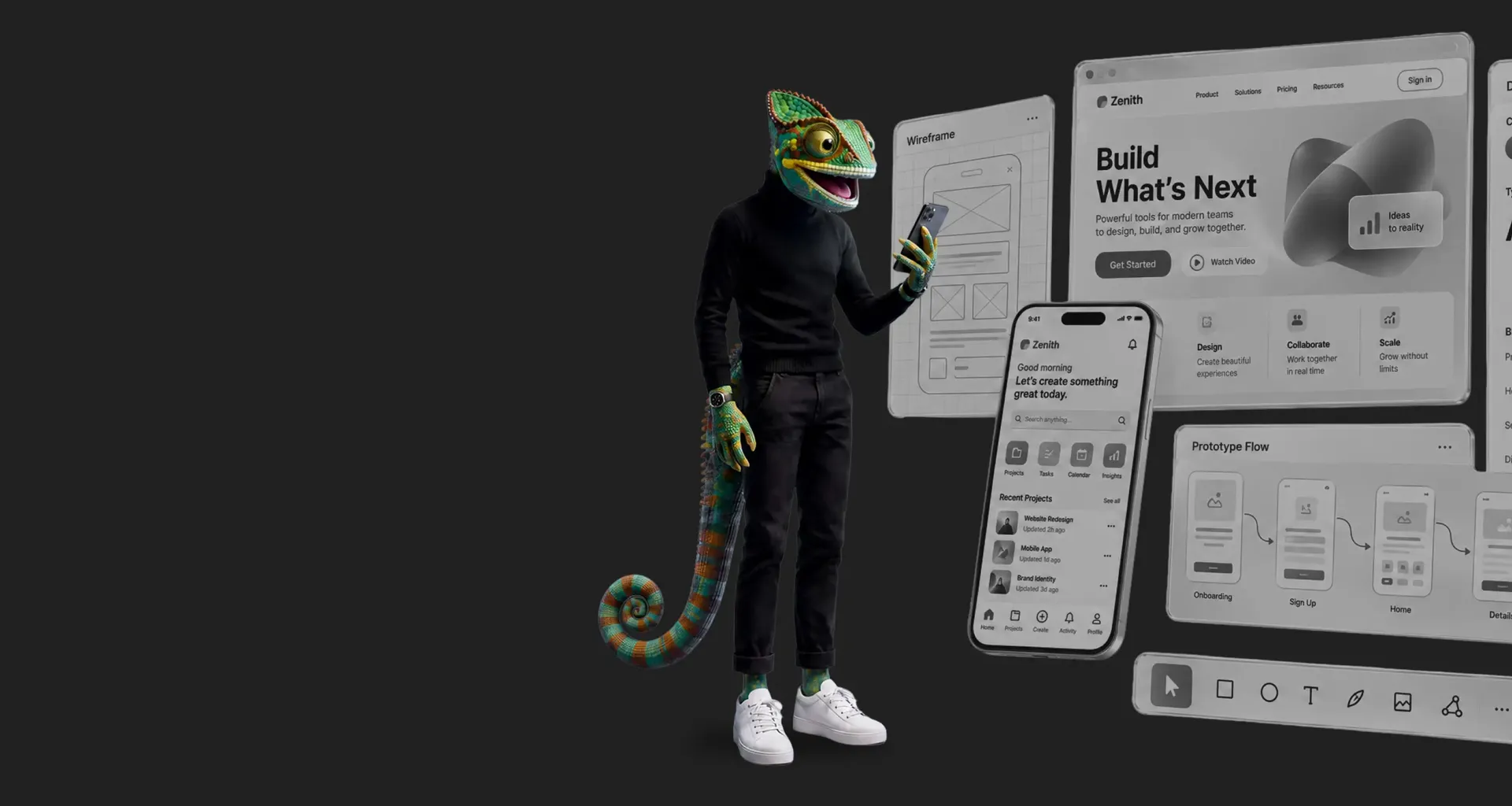 WAGEMUT chameleon holding a smartphone in front of app and website drafts: screens, navigation and controls