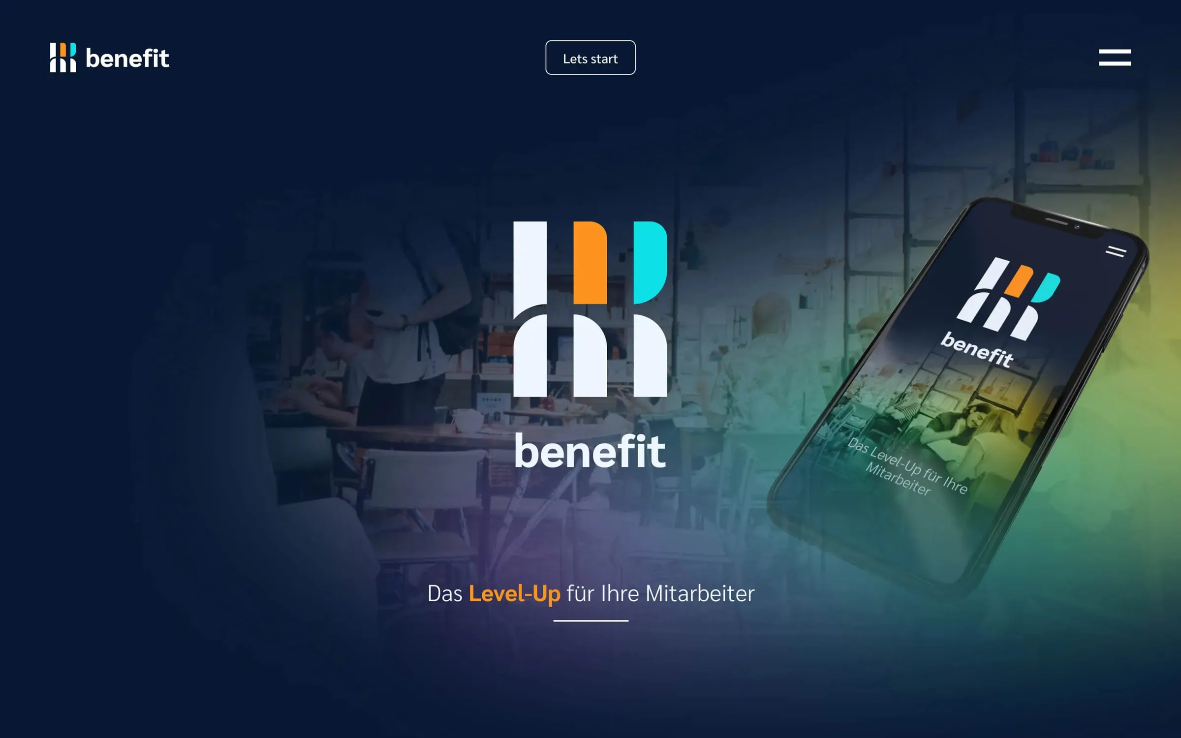 Dark home page draft with a symbol made of orange and turquoise bars
