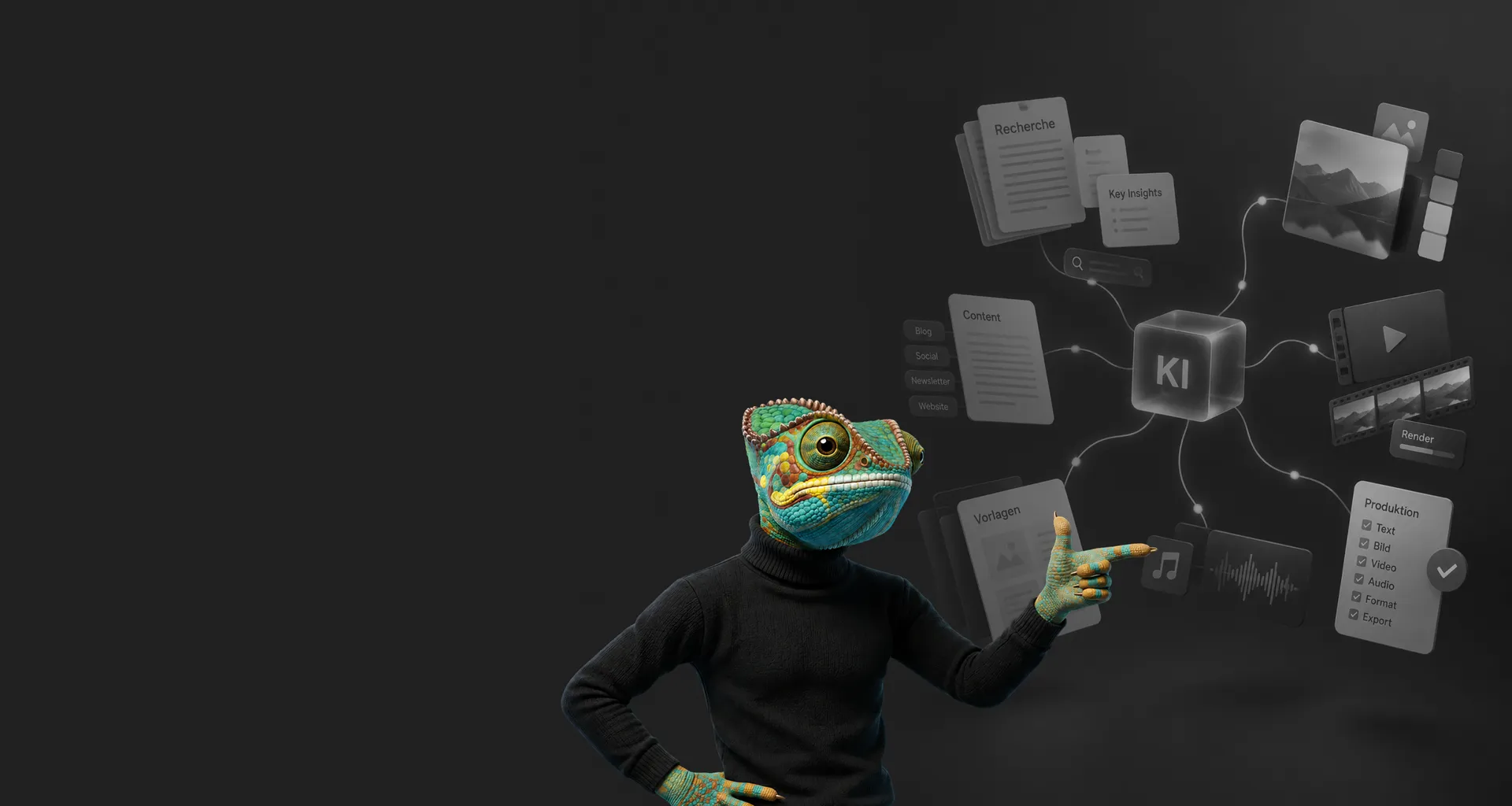 WAGEMUT chameleon pointing at an AI node that generates text, images, video and audio