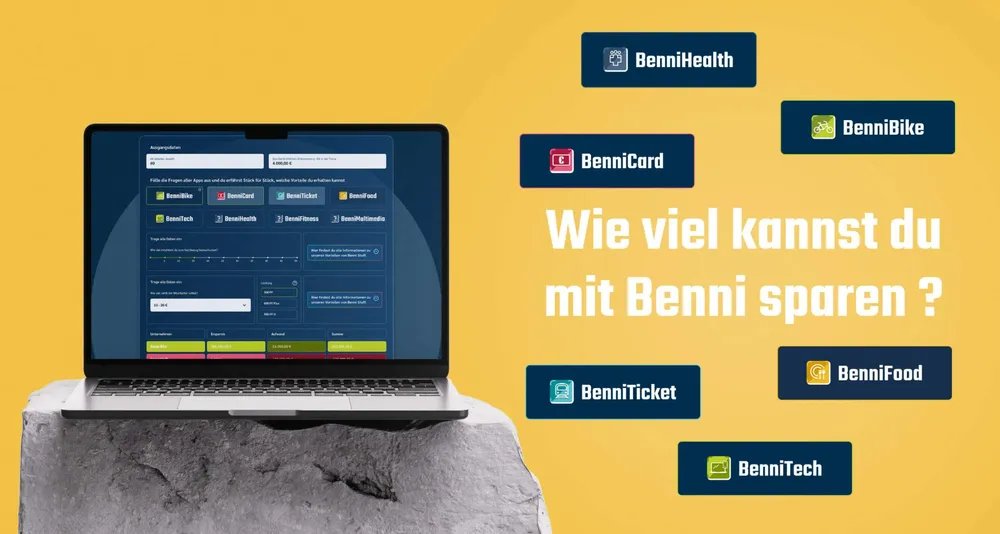 Laptop showing the benefits calculator, next to it the question “How much can you save with Benni?” and the Benni brands