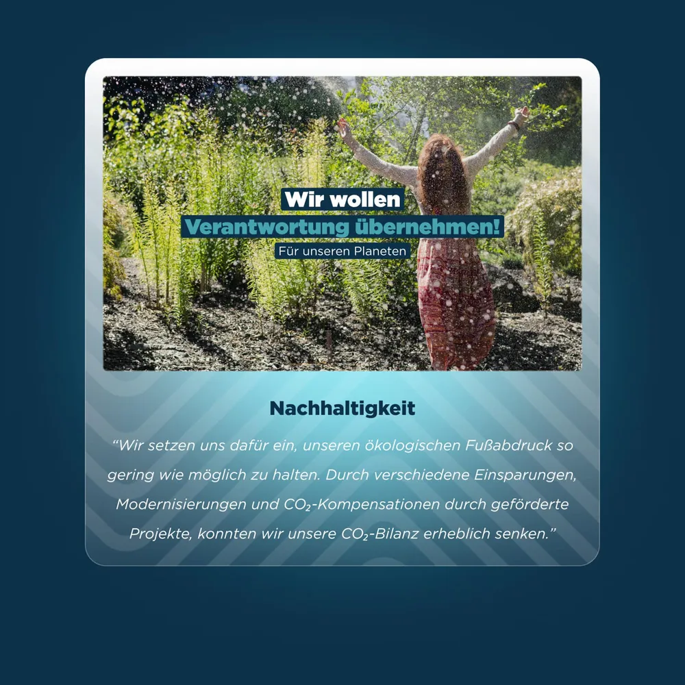 Website section “Nachhaltigkeit” with a woman in greenery and the quote about the carbon footprint