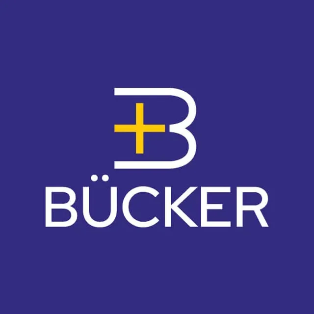 Logo draft: a B constructed from lines with a yellow plus sign above the BÜCKER wordmark