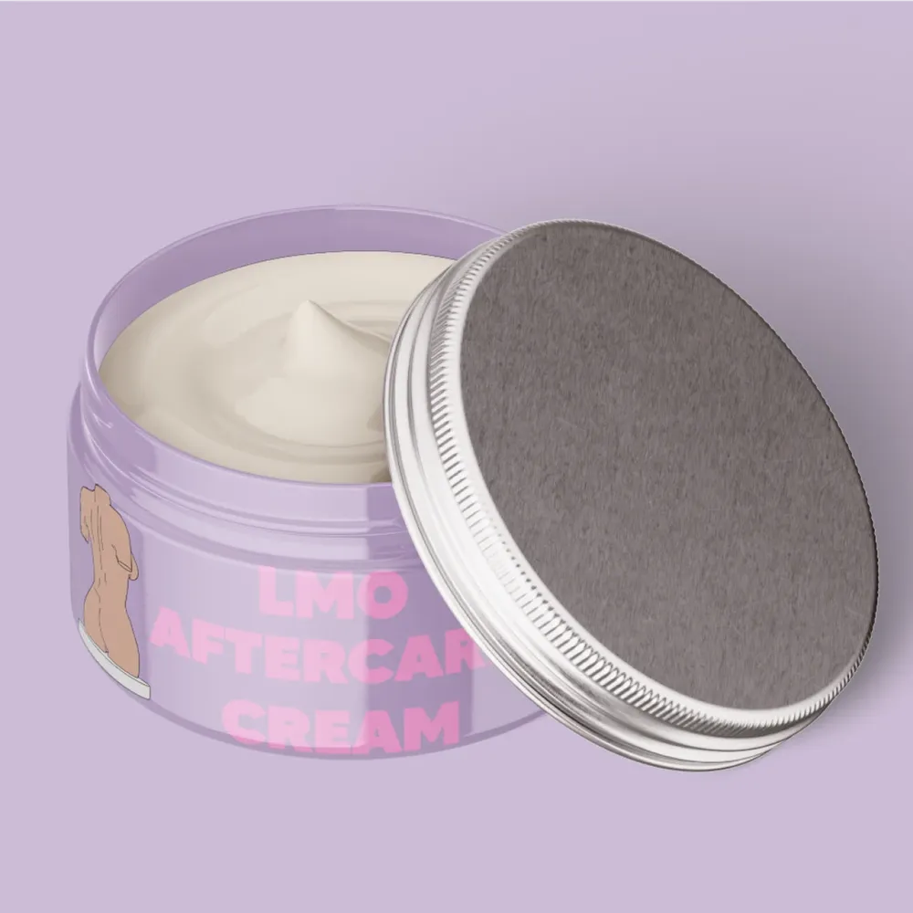 Opened jar of LMO Aftercare Cream in lilac
