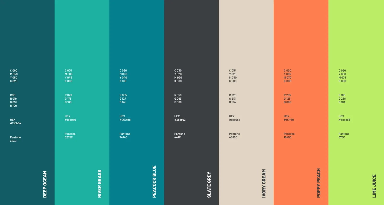 The color palette as stripes: from Deep Ocean and River Grass to Poppy Peach and Lime Juice