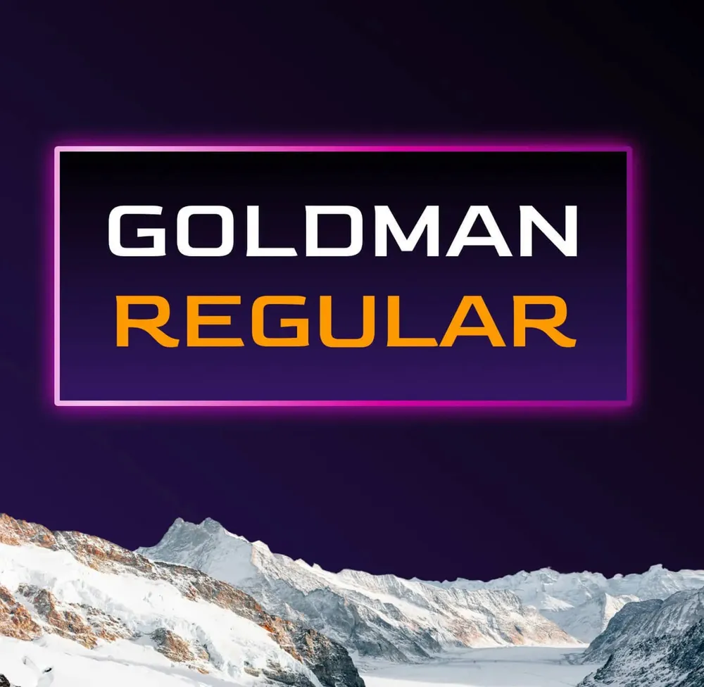 Type sample of Goldman Regular in a neon frame above a mountain panorama