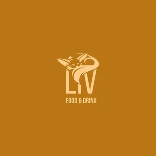 Logo variant for the Liv Dining Club: light fox mark above the LIV wordmark with “Food & Drink”, on golden brown