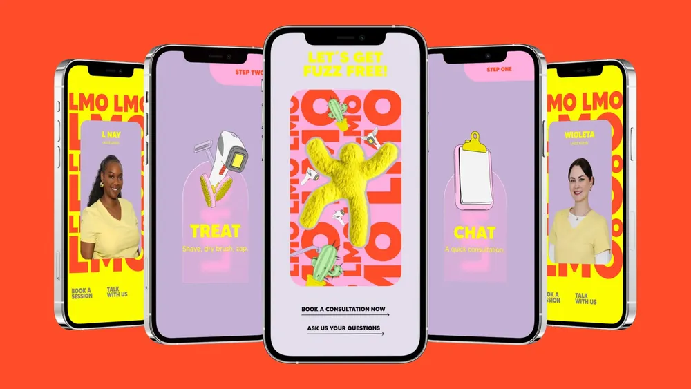Five smartphones with story views of the brand, among them “Let’s get fuzz free!”