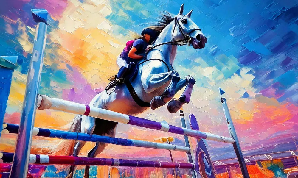 Acrylic painting of a show jumper going over a fence