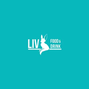 Logo variant for the Liv Dining Club: white LIV wordmark with a seated fennec fox silhouette and “Food & Drink”, on turquoise