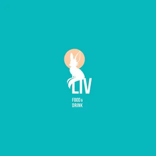 Logo variant for the Liv Dining Club: white fox mark in front of an orange circle above the LIV wordmark, on turquoise