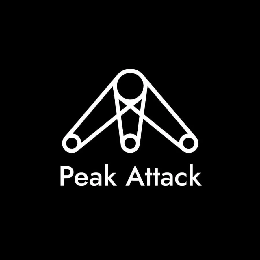 Logo draft: a belt routed as a triangle, below it “Peak Attack” in a grotesque