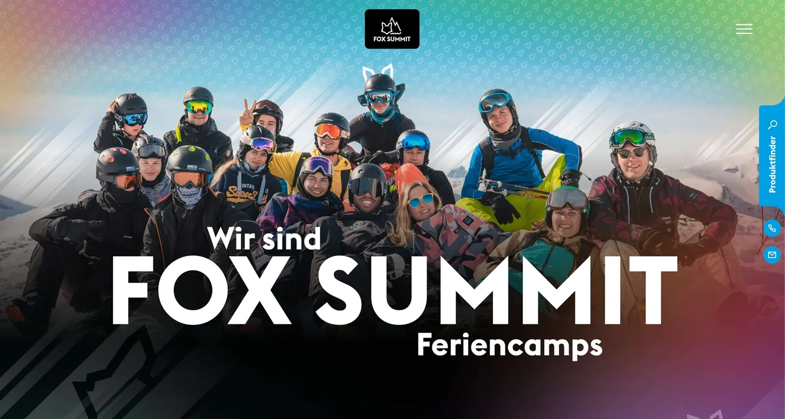 Fox Summit homepage: a group of teenagers in ski gear in front of a mountain panorama, with “Wir sind FOX SUMMIT Feriencamps” above