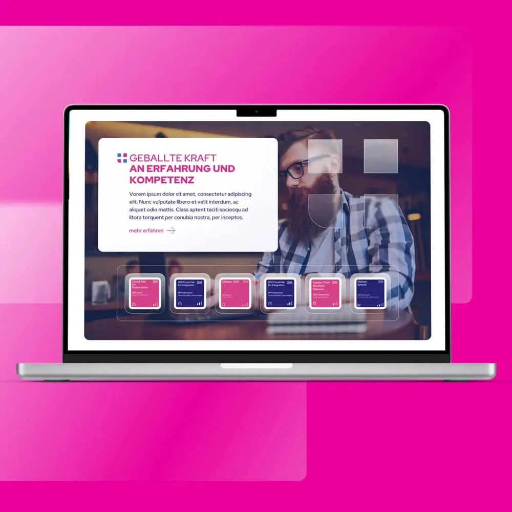 Laptop mockup of the home page on a pink background, with the claim “Concentrated power of experience and expertise”