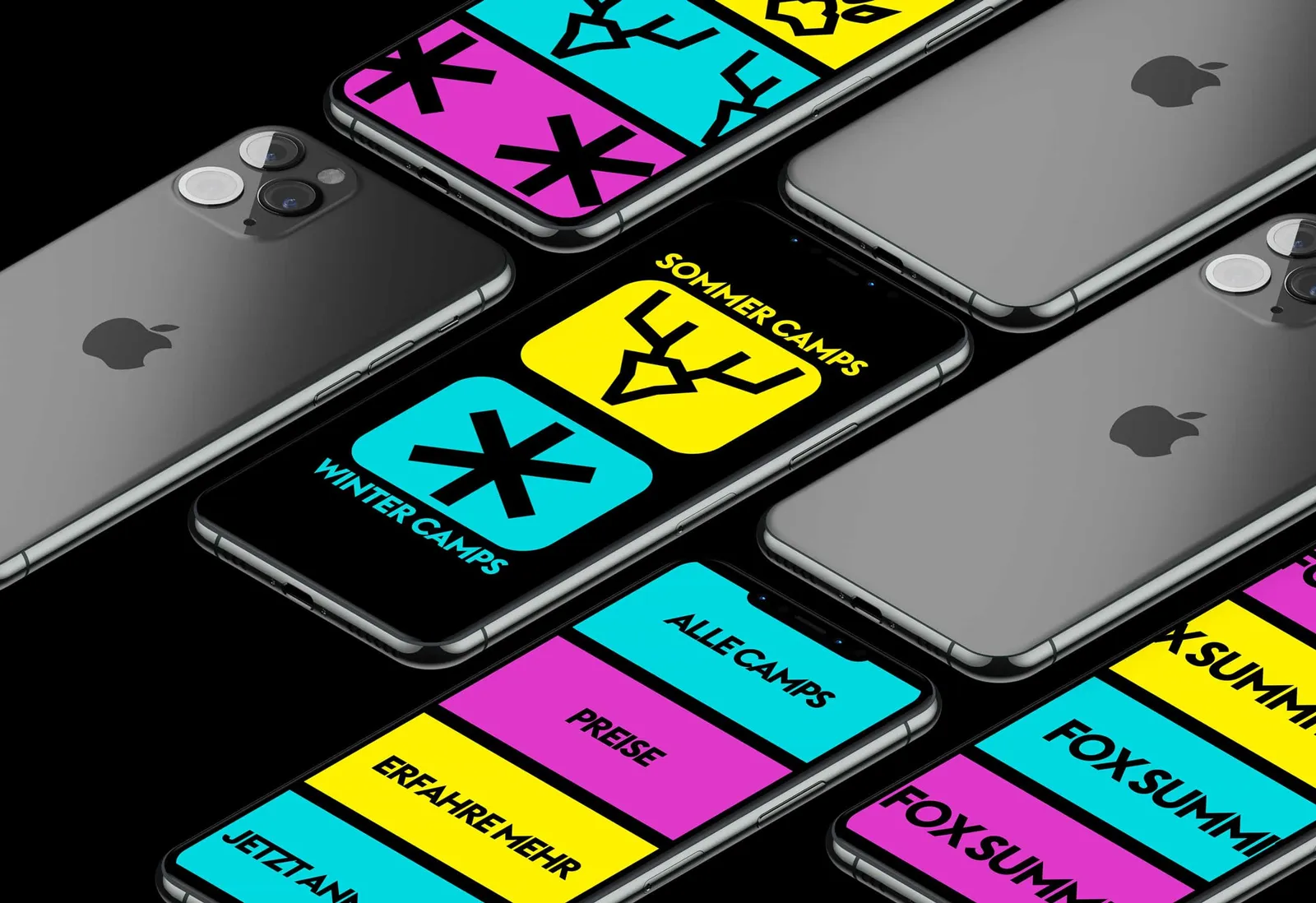 Several iPhones side by side with colorful app tiles for winter and summer camps