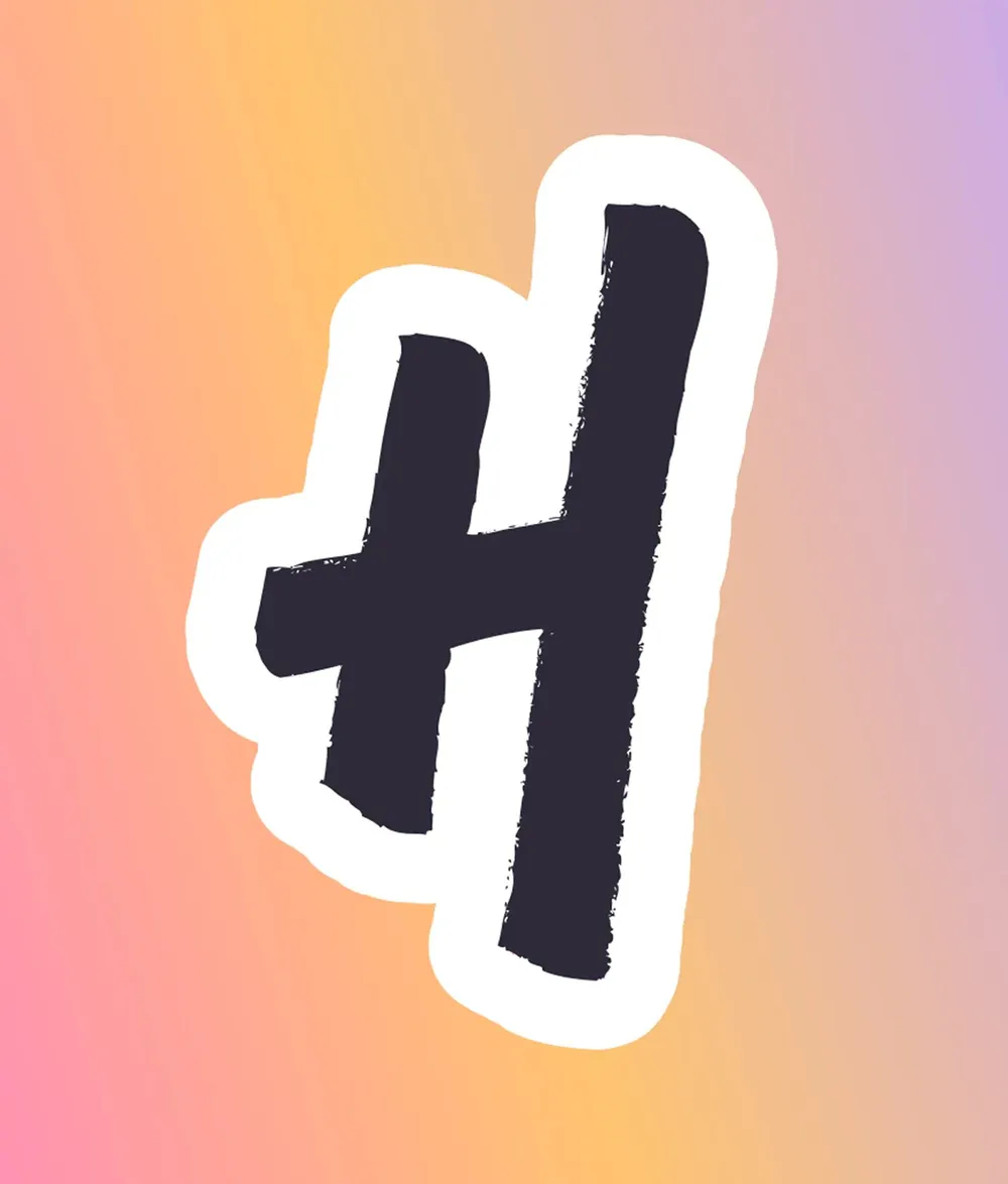 The Hoofprint mark: a hand-drawn H in dark blue with a white outline on a gradient of orange, pink and violet