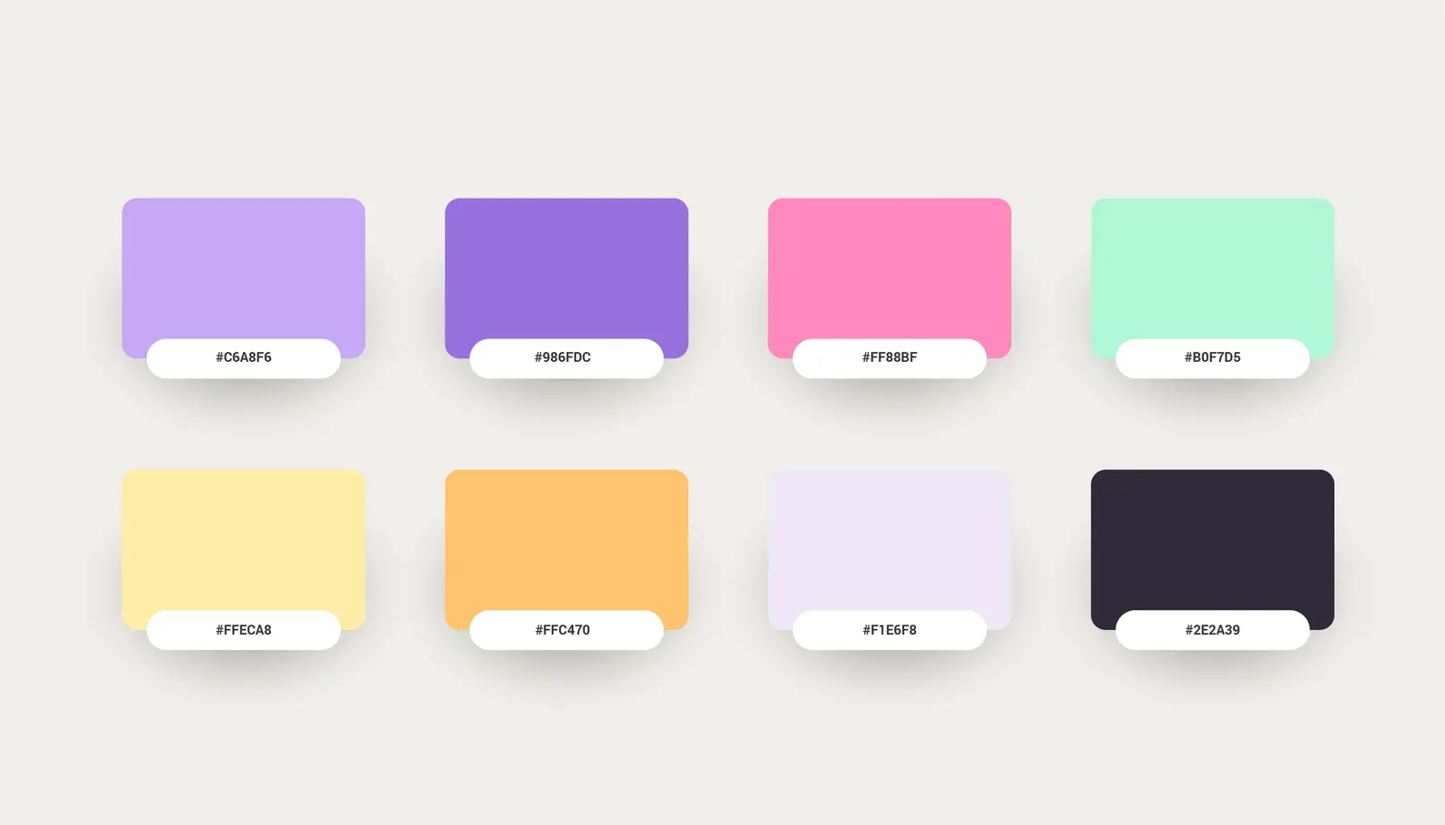 Color palette of eight tiles with hex values, from lilac through pink and mint to anthracite