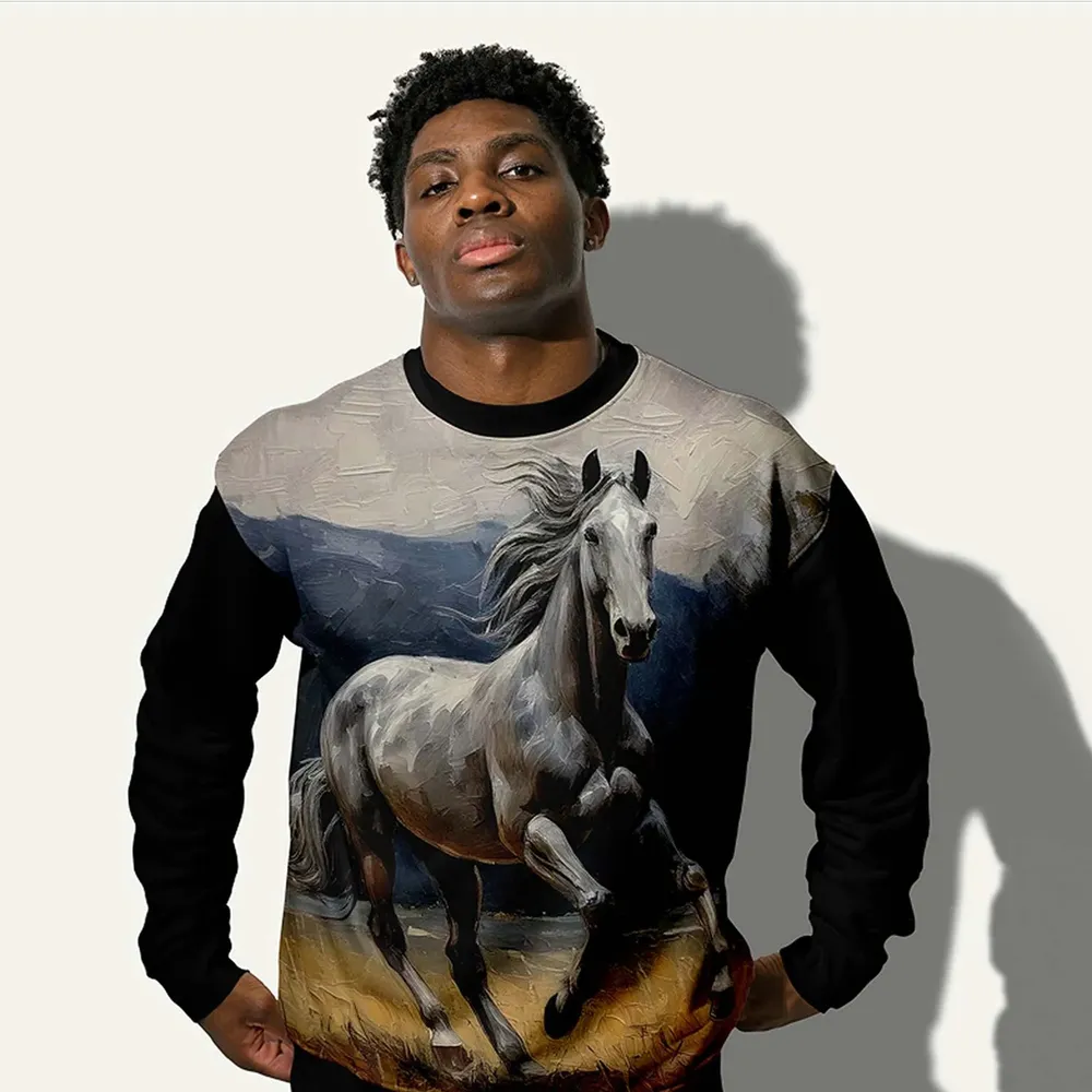 Young man in a sweatshirt with a large print of a grey horse