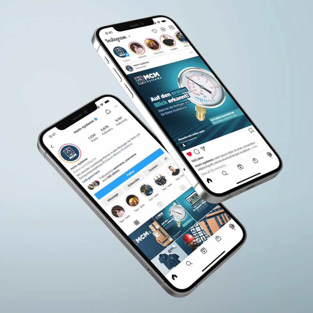 Two smartphones showing the Instagram presence of MCM Systeme