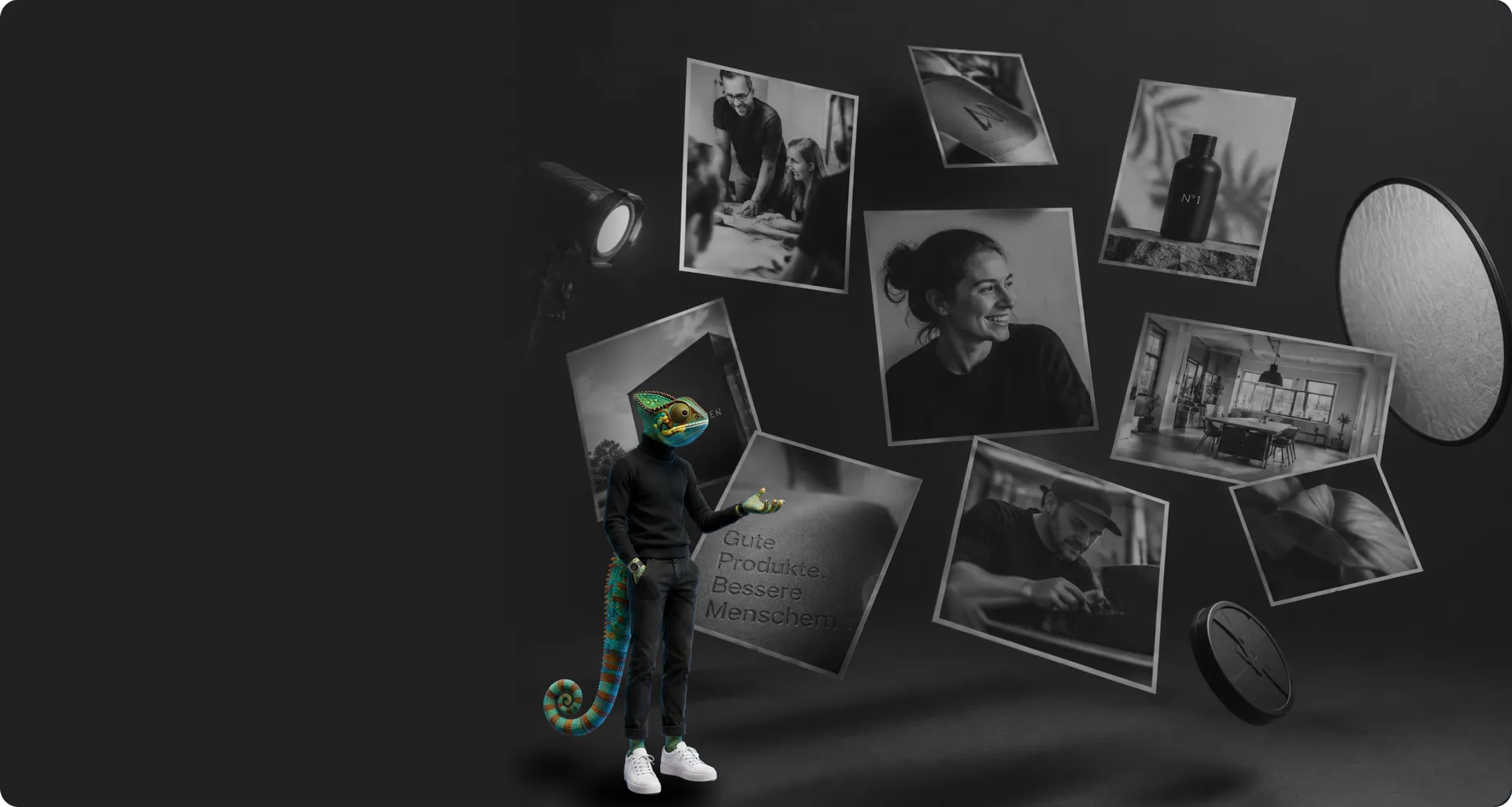 WAGEMUT chameleon among floating black-and-white photos of people, products and interiors, beside a studio light and reflector