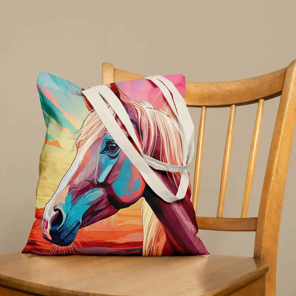 Cushion with a painted horse design on a wooden chair