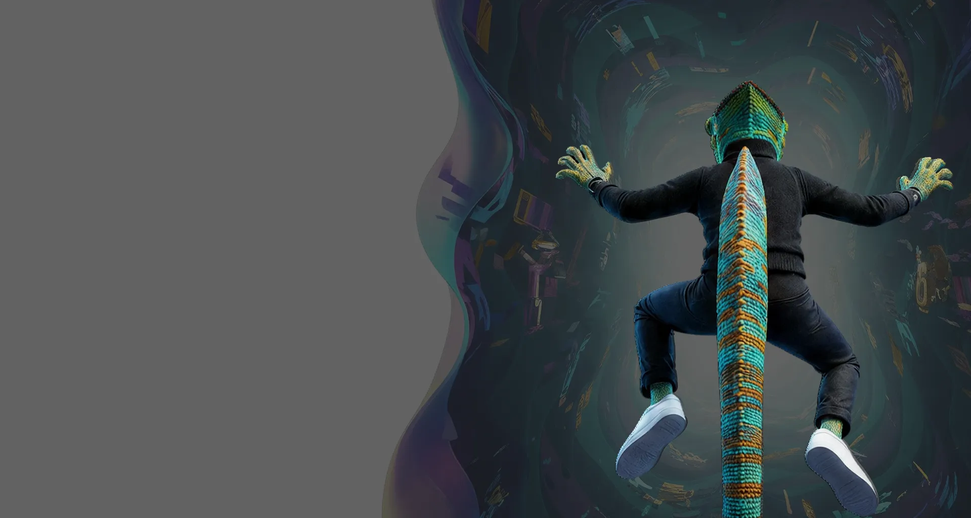 WAGEMUT chameleon diving headfirst through a colourful portal