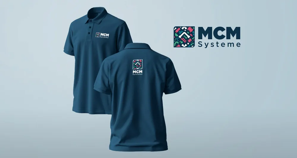 Two dark blue polo shirts with an embroidered logo, the wordmark beside them