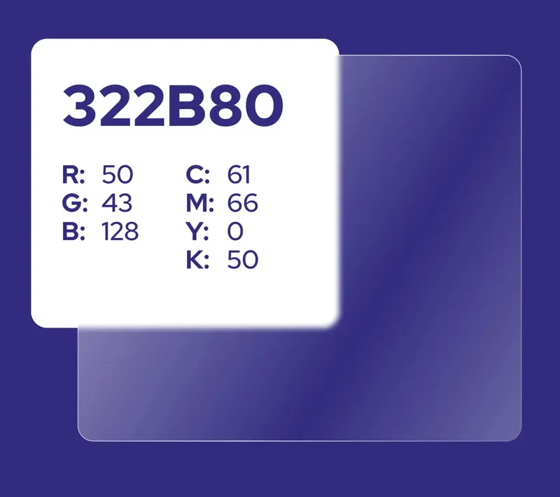 Color swatch of the house purple 322B80 with RGB and CMYK values