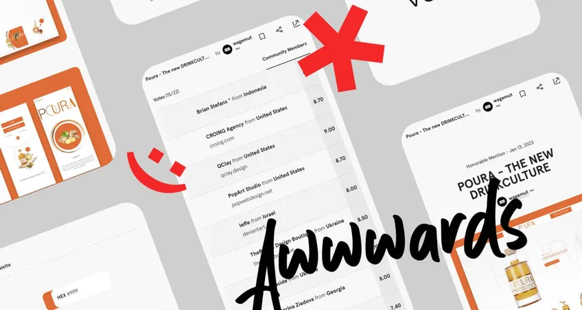 Collage aus Screenshots der Poura-Website und der Awwwards-Wertungsliste mit dem Schriftzug „Awwwards“