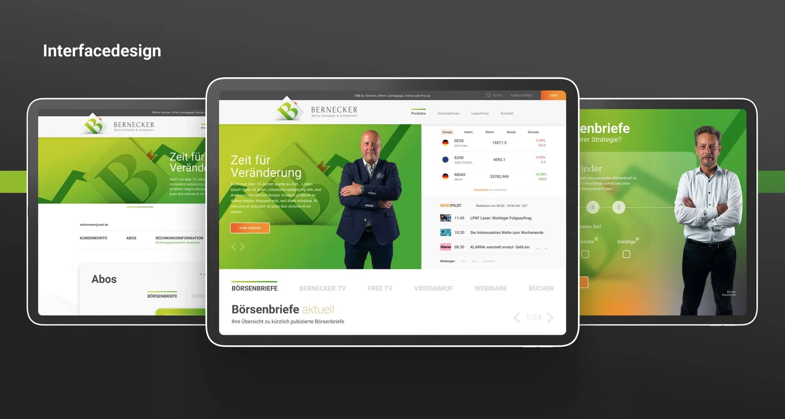 Three views of the new website side by side, above them the word “Interface design”