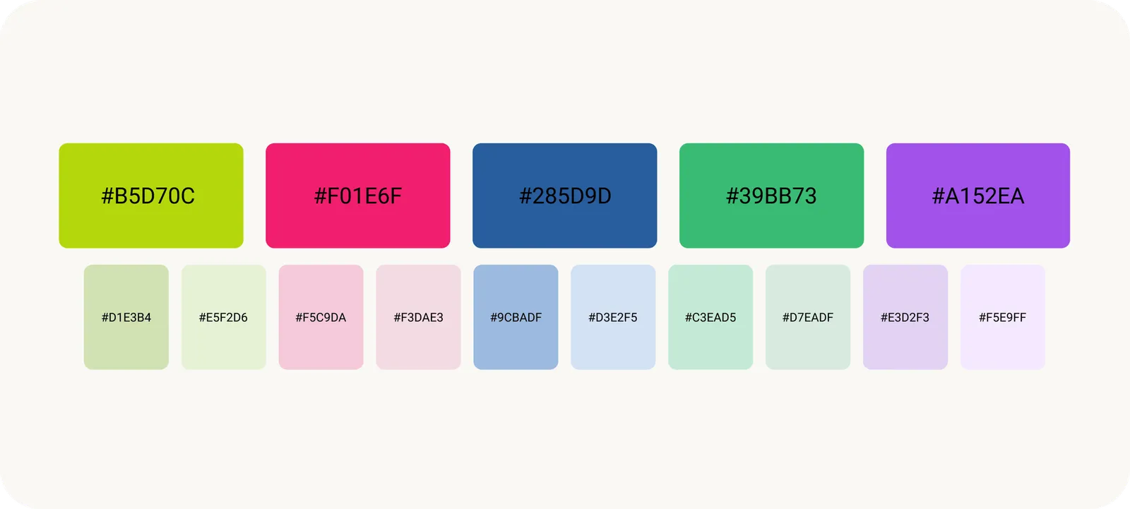 Color palette with five strong base tones in lime, pink, blue, green and violet plus ten pastel gradations
