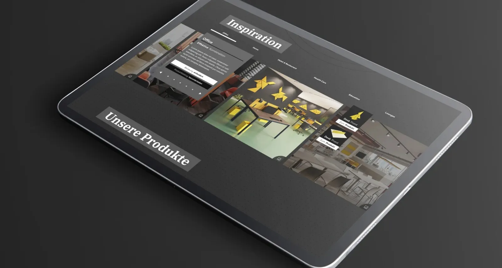 A tablet on a dark background shows the Inspiration and Products pages