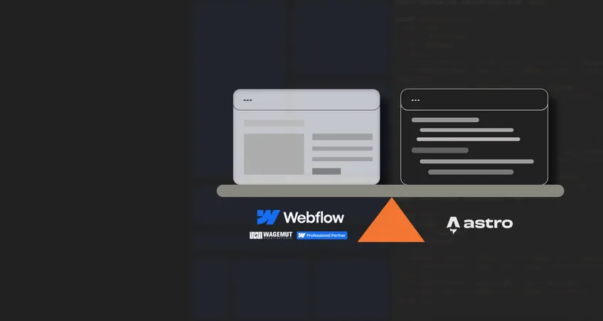 Zwei Website-Fenster auf einer Waage: Webflow links, Astro rechts