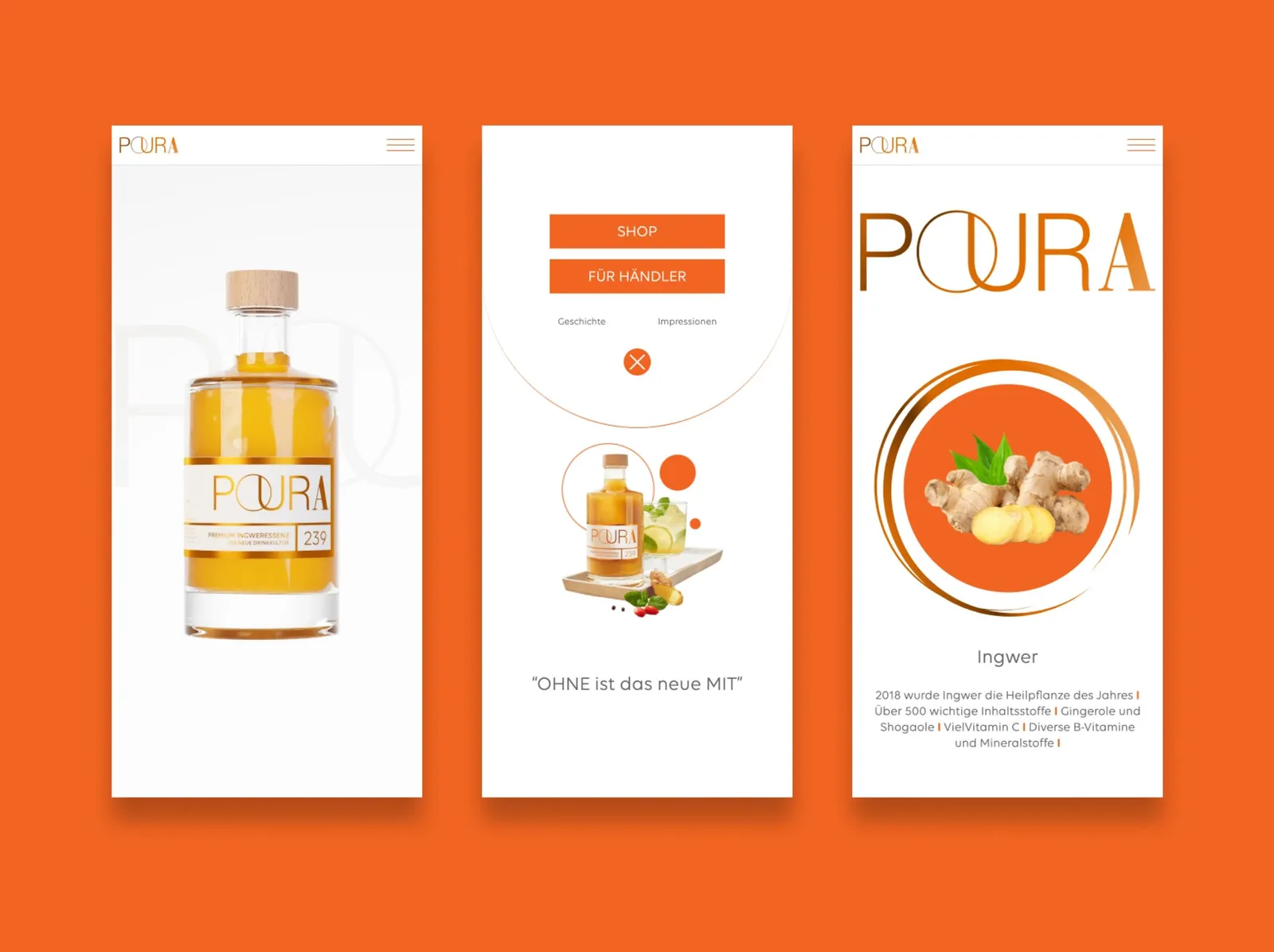 Three phone views of the page: bottle, menu and the profile of ginger