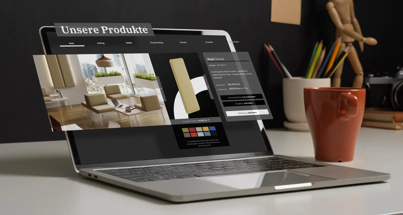 A laptop shows the product page with imagery and color selection