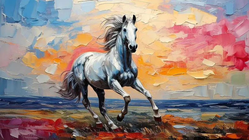 Oil painting of a galloping grey horse on the beach at sunset