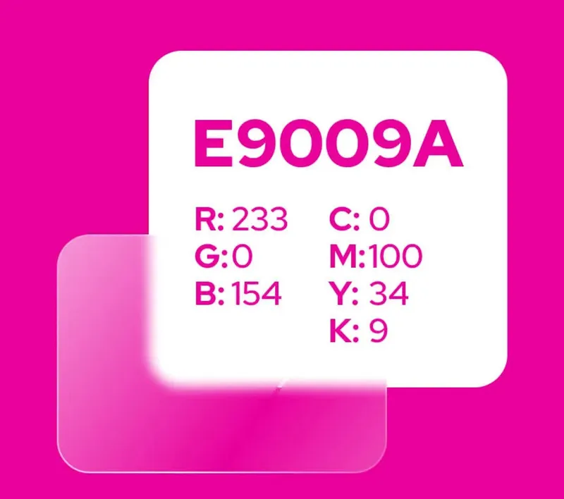 Color swatch of the accent pink E9009A with RGB and CMYK values