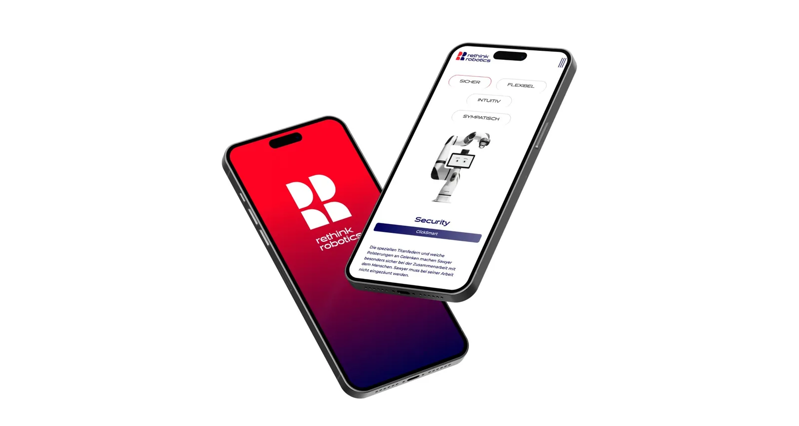 Zwei Smartphones mit der mobilen Seite: Signet auf Rot-Blau und die Produktansicht