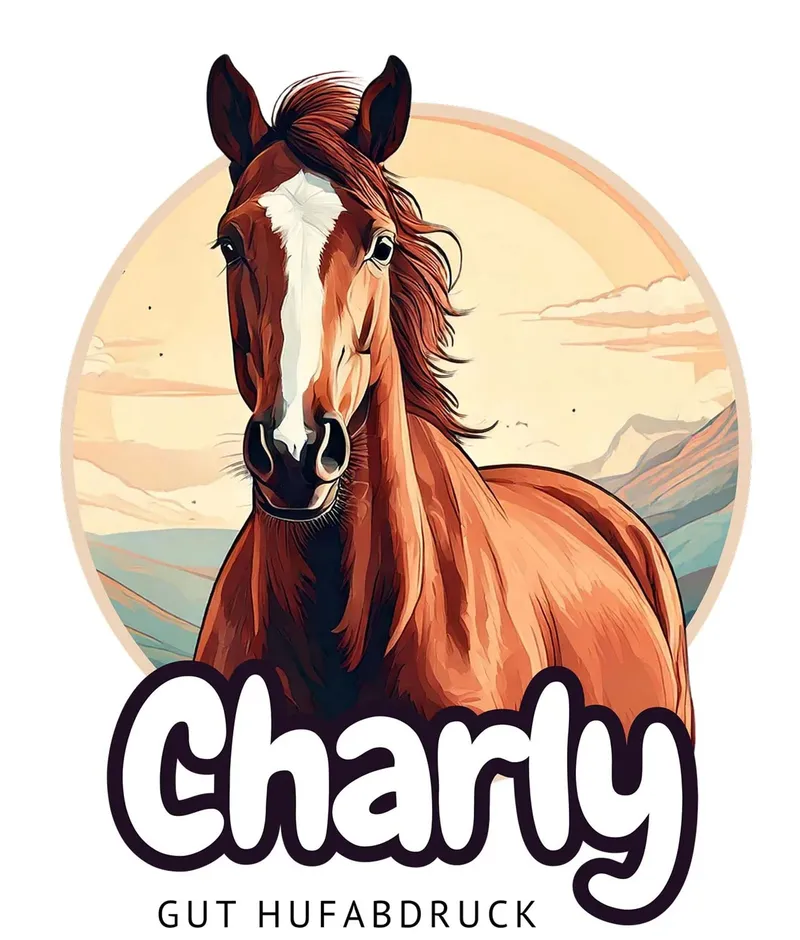 Comic portrait “Charly” as a round sticker in front of a mountain panorama