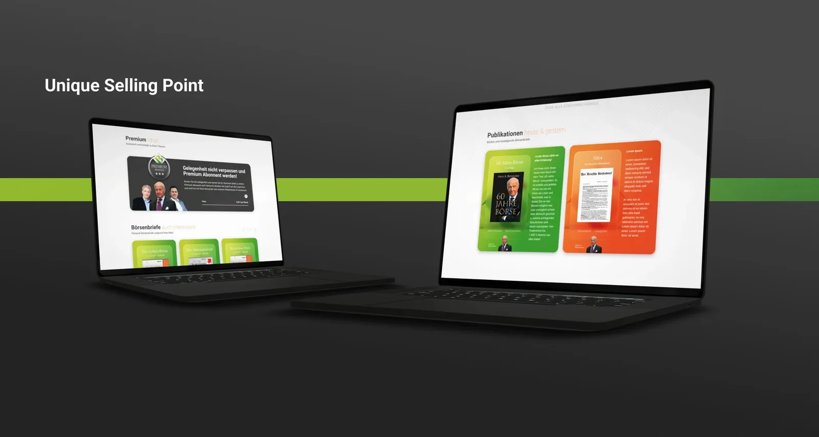 Two laptops with the premium and publications pages, above them the words “Unique Selling Point”