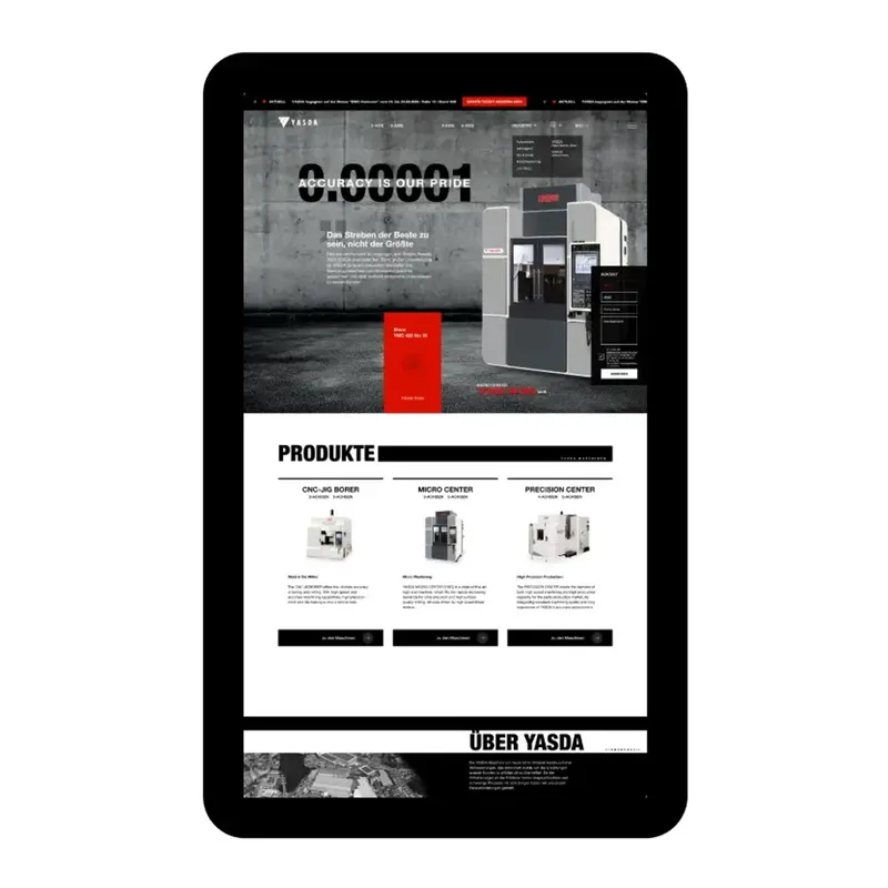 Tablet showing the home page: the claim “0.00001 — Accuracy is our pride” and the product overview