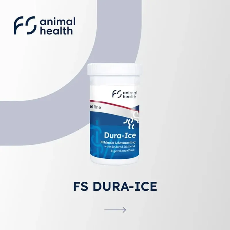 Product card FS Dura-Ice, a cooling clay poultice, in front of the round brand pattern