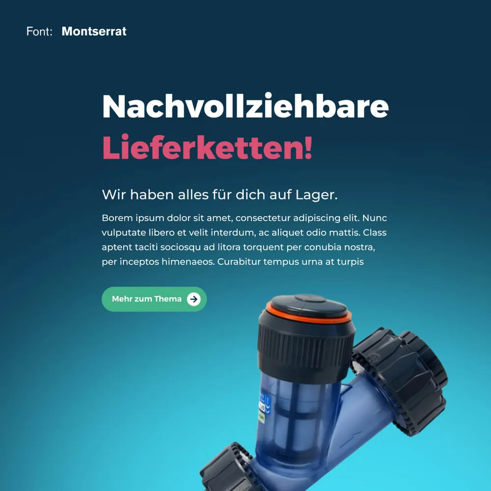 Type specimen: “Nachvollziehbare Lieferketten!” above a filter housing