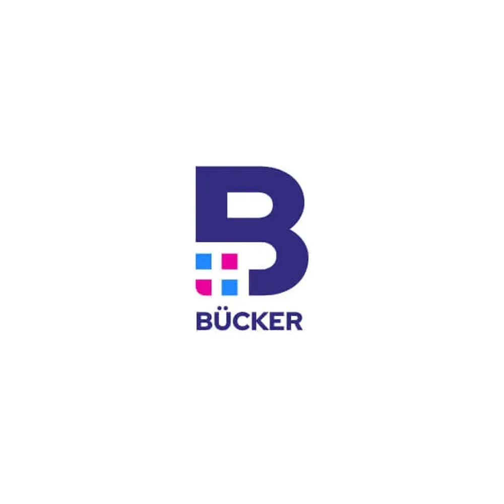 The final Bücker logo: a dark blue B with a grid of pink and blue squares, the BÜCKER wordmark below it, on white