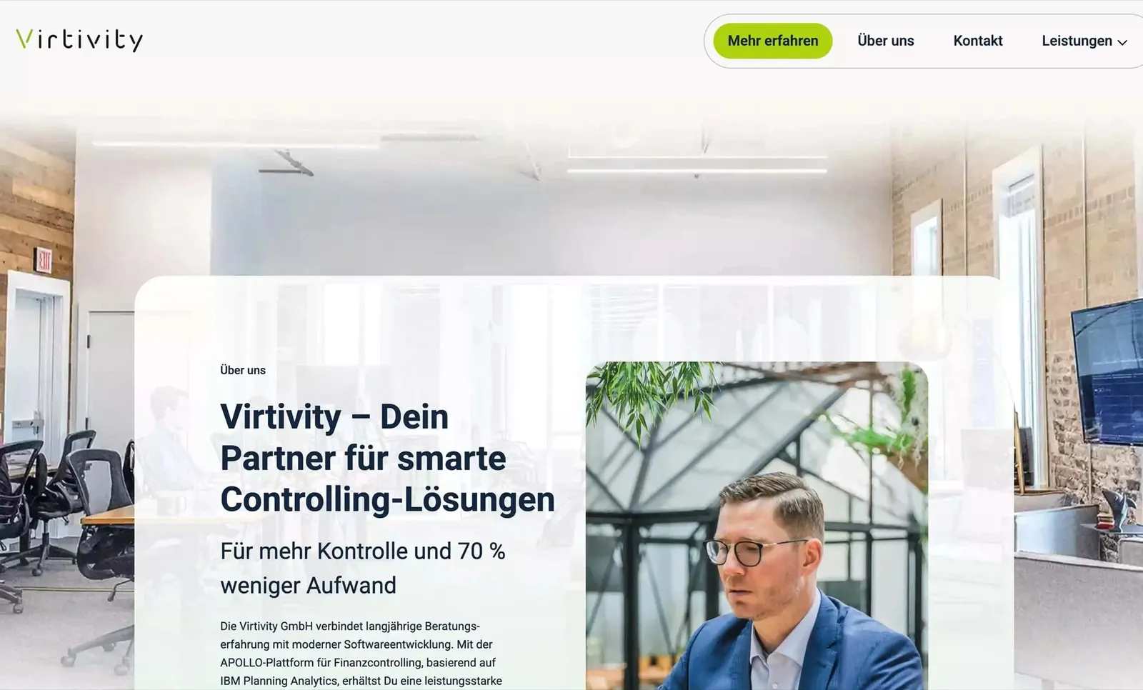 About page “Virtivity – your partner for smart controlling solutions” with a photo at the workplace and the sections Values, Mission and Why