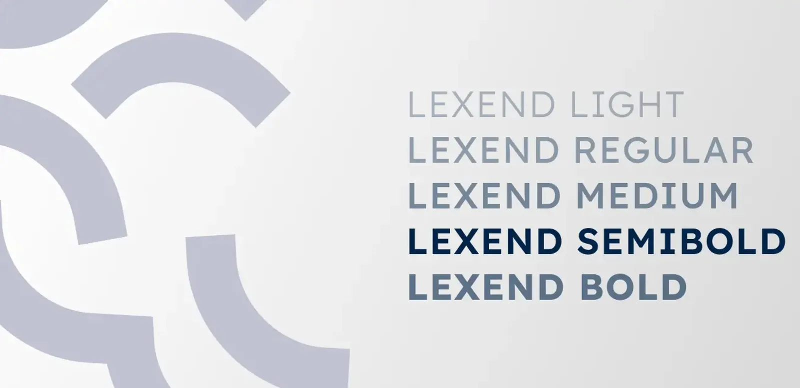 Type specimen of Lexend in the weights Light, Regular, Medium, SemiBold and Bold